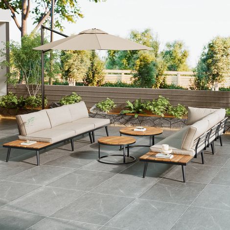 Ensemble de salon de jardin, pour 5 à 6 personnes, structure en fer galvanisé, ensemble repas (2 canapés 2 places, 2 fauteuils, 2 tables), beige (1/5)