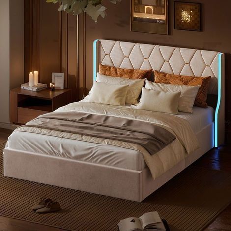 Struttura letto 140x190 cm - 240726YTT - LED - idraulico - letto matrimoniale - Velluto - 140x190 cm - beige