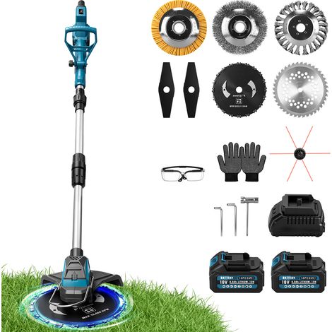 1200W 16800 tr/min Débroussailleuse Électrique Sans Balais Bloc Aluminium Refroidissant Réglage 90° Longueur Réglable 100-140cm avec 2x Batteries Coupe Bordure Compatible Makita 21V 7 Types Jusqu'à 25 (1/5)