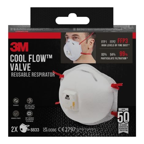 La mascarilla reutilizable con vÃ¡lvula 3Mâ¢ 8833 Cool Flowâ¢ es una mascarilla para partÃ­culas resistente pero liviana con un cÃ³modo clip nasal e