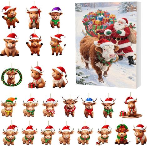 Calendrier de l'Avent de Noël Décoration En Acrylique 2D De Vache Highland  24 Jours De Compte À Rebours De Noël Avec Ornements De Vache Highland Pour Mur Porte (1/5)