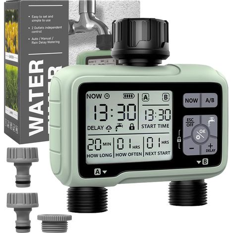 1 Programmateur Arrosage 2 Voies,Écran LCD,Mode Verrouillage Enfant,Retard Pluie,IPX5,Jardin