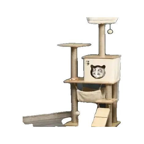 Árbol rascador para gatos, 60 x 40 x 130 cm, material de yute y felpa, diseño de tres niveles, peso máximo 5 kg, incluye hamaca y casita. (1/5)