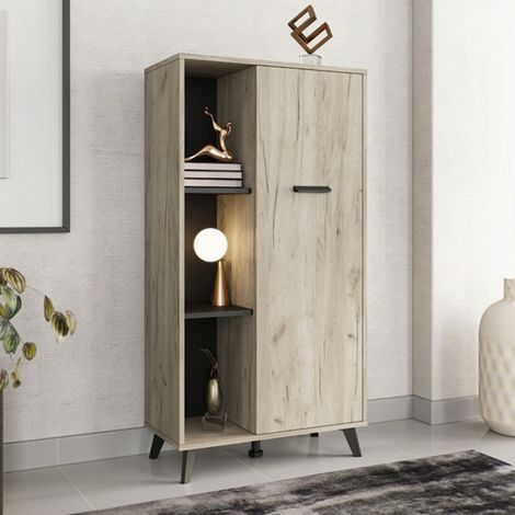 Vitrina Dolzago, Mueble Expositor 4 Estantes, Una puerta, 6 Compartimentos, 67.5x33x130.5h cm Marrón Roble Claro (1/5)