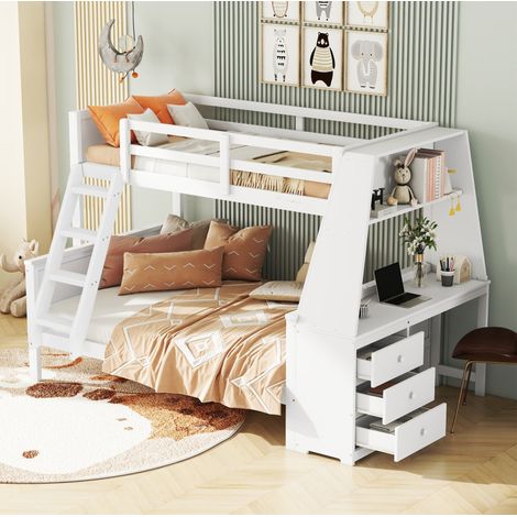 Etagenbett Kiefernholz und MDF Weiß 90x200 cm + 140x200 cm mit Schreibtisch, Bücherregal und Stauraum (1/5)