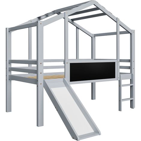 Cama alta infantil 90 x 200 cm de madera gris con tobogán, escalera de seguridad y pizarra (1/5)