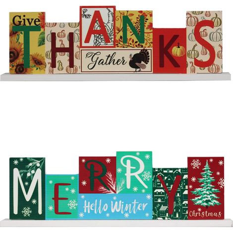 panel de madera de doble cara, reversible, decoración navideña y de Acción de Gracias, calabaza para árbol de Navidad, para mesa, estante o chimenea. (1/5)