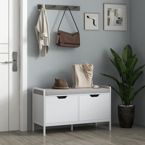 Panca porta scarpe per ingresso con sedile imbottito removibile per 4 paia di scarpe, 84x35x50 cm, bianca.