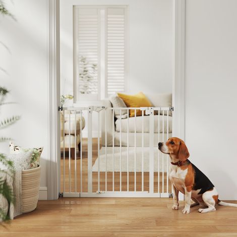 Barrière pour chien et animaux de compagnie avec 2 extensions, largeur réglable jusqu'à 100 cm, fixation par pression sans perçage et fermeture automatique, blanche