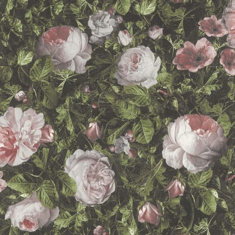 Blush Rose Floral Wallpaper Dark Green Botanical Vintage Flower Pattern