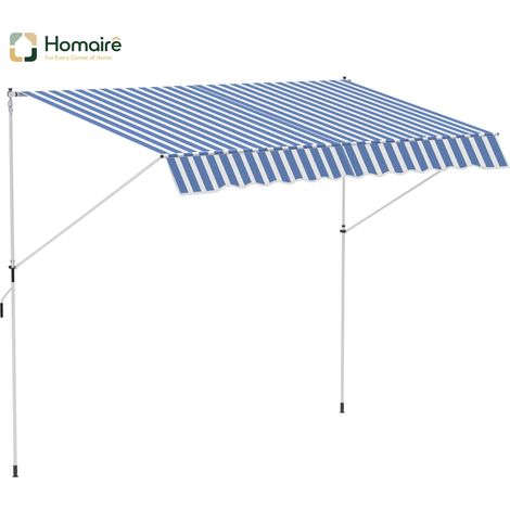 HOMAIRE Markise à manivelle, L300 x B150 x H170-280 cm, hauteur réglable, résistante à la saleté, installation simple, Aluminium/Polyester, Bleu/Blanc