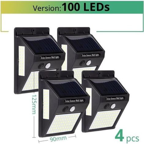 Lampadaire extérieur, lampe solaire 30 LED avec détecteur de mouvement PIR, étanche, éclairage extérieur - 4 unités de 100 LED
