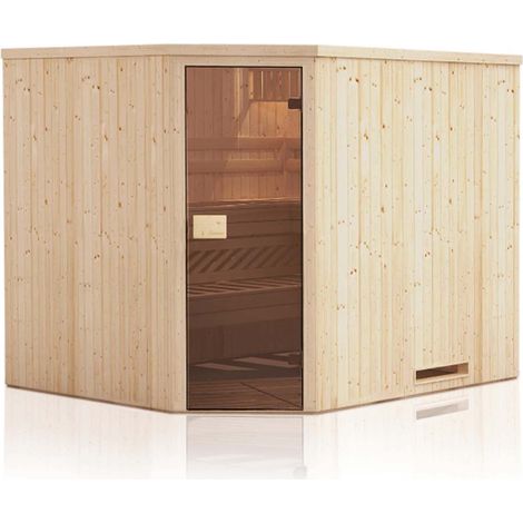 Cabine de sauna d'angle 144x144x199 avec poêle à commande déportée