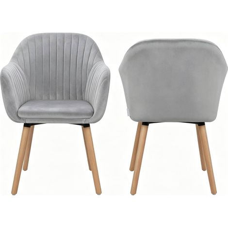 Set de 2 sillas comedor con reposabrazos de terciopelo gris claro y patas madera metal MODENUIT (1/5)