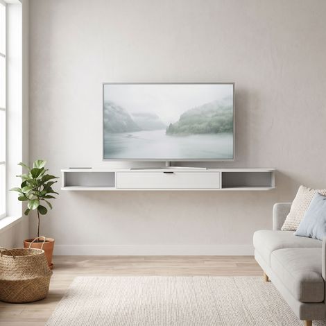 Meuble TV Suspendu, Meuble Télé pour Téléviseur jusqu'à 75 Pouces, Tiroir Rabattable, 2 Étagères, 180x24x16cm, Blanc (1/5)