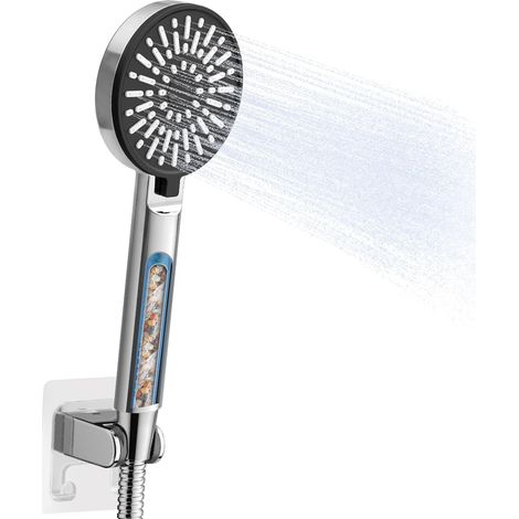 Pommeau de Douche Anti Calcaire Haute Pression, Douchette Filtrante 3 Jets Economie d'Eau, Kit avec Tuyau 1.6m et Support, Design Léger, pour Eau Dure, Chrome (1/5)