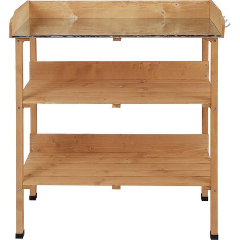Table de rempotage avec 2 étagères 3 crochets outils table de jardinage plateau tôle acier galvanisé avec rebord - table de plantation bois sapin pré-huilé