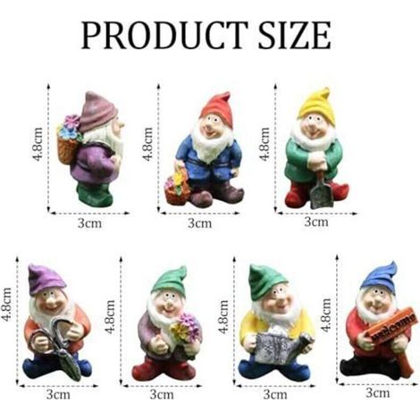 Bardusch - Set di 7 gnomi da giardino, statuette di gnomi fatati in miniatura, simpatici ornamenti a forma di gnomo per la decorazione di tavoli e giardini. (1/3)