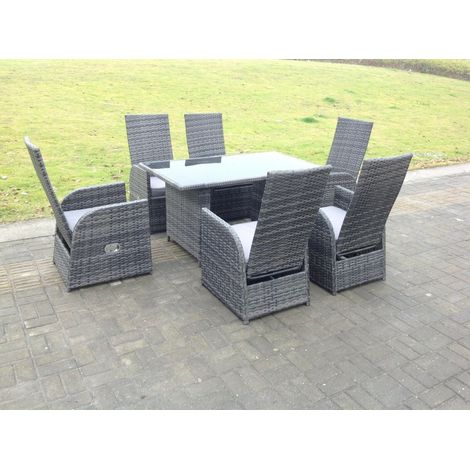 Fimous Dark Grey Mixed Outdoor Wicker Rattan Garden Furniture Reclining Chair And Table Dining Sets 6 Seater Rectangular Black Tempered Table