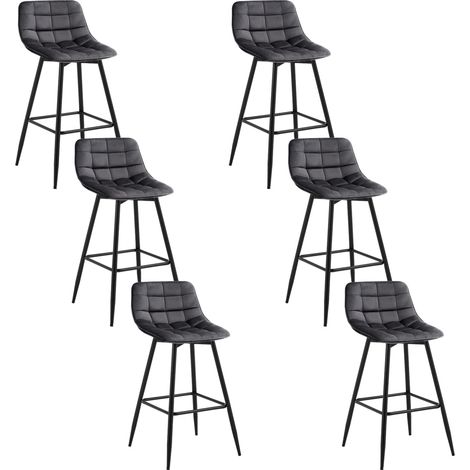 Woltu – Lot de 6 tabourets de bar en velours – Hauteur d'assise 64 cm – Cadre en métal robuste – Dossier ergonomique et repose-pieds – Gris foncé