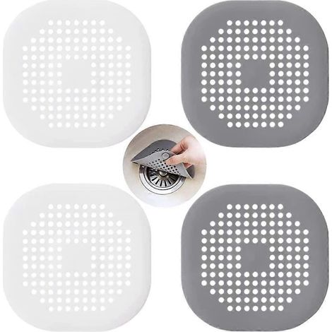 Ensemble de 4 filtres pour évier de cuisine, protections de bonde en silicone, filtre de bonde de douche avec ventouse, pour lavabo de douche, douche, baignoire (blanc et gris) (1/5)