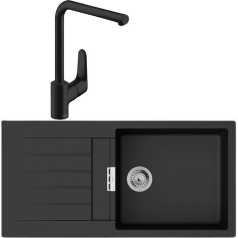 Evier 1 bac 980 HANSGROHE S52 synthèse noir + robinet de cuisine HANSGROHE Focus M41 280 noir mat (1/4)