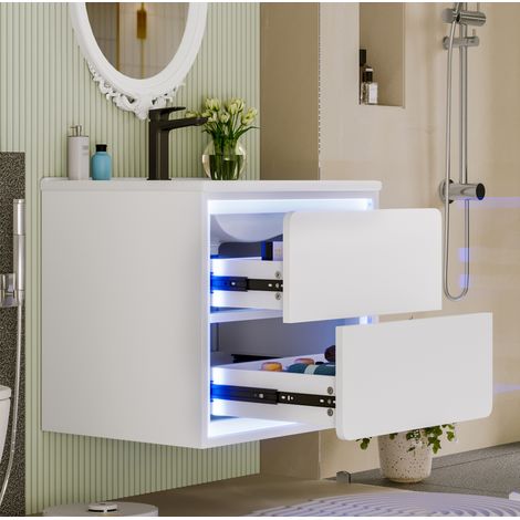 Meuble vasque mural 60x46x50 cm blanc avec vasque intégrée, LED radar, 2 tiroirs (1/5)