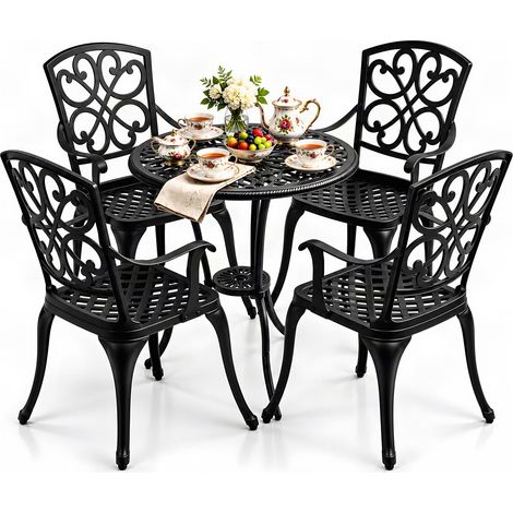 Homeology VIVALDI Black 5-Piece Cast Aluminium Garden Bistro Set- Rust-Proof Round Table with Parasol Hole & 4 Large Armchairs- Baroque Design for Patio, Balcony & Conservatory (1/5)