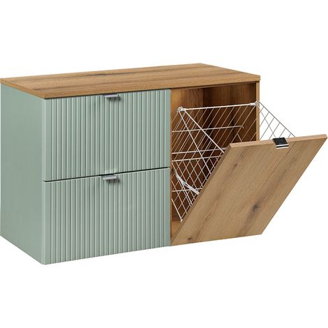 Mueble bajo lavabo 90cm Verde Jade y Madera con cesto para ropa sucia (1/4)