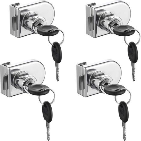 Glastürschloss, 4-teiliges Nockenschloss, Sicherheitsschloss für Glastüren und Schränke mit 5-8 mm Glasstärke, kein Bohren erforderlich (mit 8 Schlüsseln)