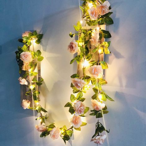 Guirlande lumineuse à LED avec 17 fleurs artificielles - Fonctionne avec piles - Pour Noël, fête de mariage - Rose clair (1/5)