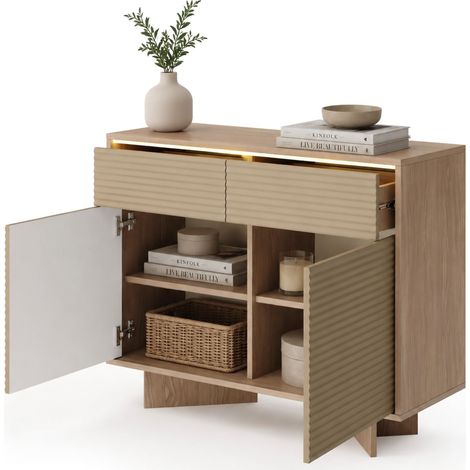 Dmora Sideboard Hateva, Anrichte 2 Schubladen, 2 Regale, Klapptür, Schiebe, 104x40x84h cm Braun Eiche