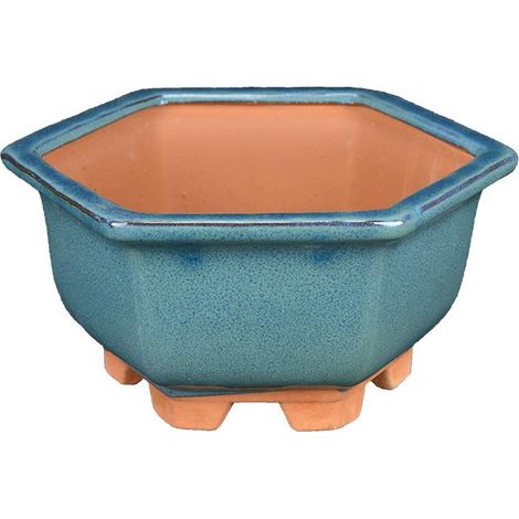 Vaso per bonsai esagonale in gres smaltato verde 11,5x11,5x7 cm - YM3b