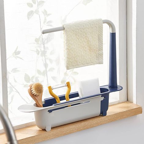 2-in-1 Teleskop-Spülbeckenabtropfgestell, ausziehbarer Korb, einfach zu montieren und zu reinigen, Schwammhalter und Abtropfgestell für die Küche, schwarz (1/5)