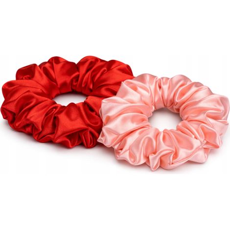 JUEGO DE 2 GOMAS PARA EL CABELLO, banda elástica de satén de 13 cm, ROJO Y ROSA (1/5)