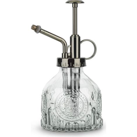 Glass Spray Bottle, 6.5" Tall Vintage Watering Can with Top Pump, Leak-Proof High Atomization Nozzle for Garden Flower Plants, Cleaning Solutions - White