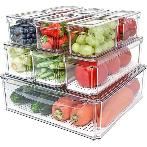 Set mit 10 Kühlschrank-Aufbewahrungsboxen, stapelbare Aufbewahrungsboxen mit Deckel, transparente Küchenaufbewahrungs- und Organisationsbehälter für Obst und Gemüse.