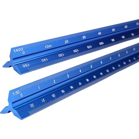 Juego de 2 piezas, regla triangular de aleación de aluminio, regla para dibujo y grabado, regla azul de 30 cm para diseño arquitectónico, proporción grande y pequeña