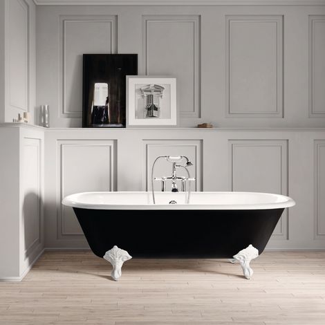 Bañera de Hierro PLYMOUTH negra  153 cm Patas BLANCAS