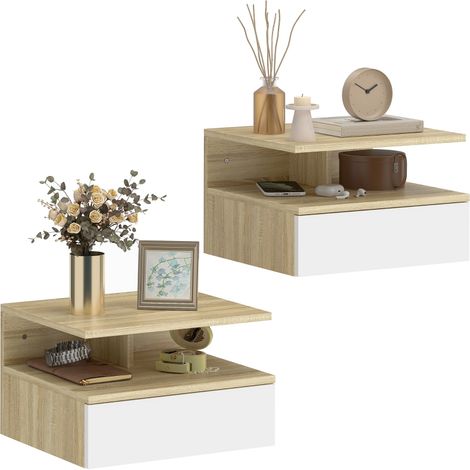 Lot de 2 tables de chevet murales, tables de nuit suspendues avec tiroir, étagère ouverte, 35x32x22,5cm, blanc et chêne