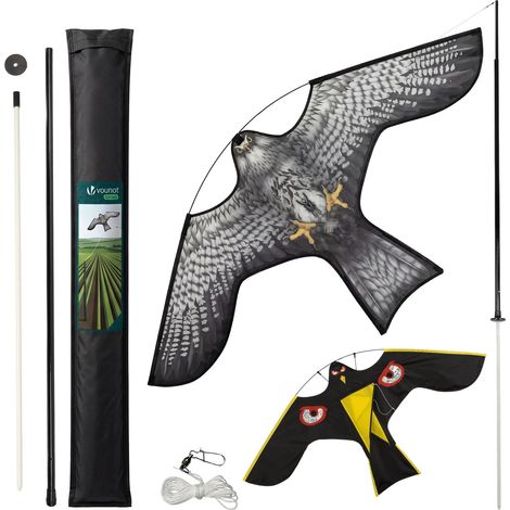 VOUNOT® Espantapájaros Cometa Voladora Cultivos Protector de Aves Halcón Ahuyentador Aves Palomas para Jardín Granja Repelente Visual Pájaros con Mástil Telescópico 4m 2 Cometas C&G