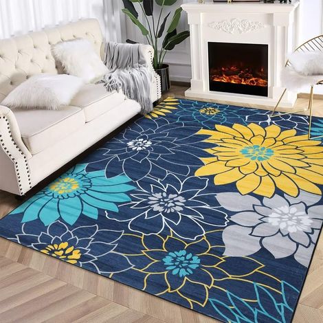 Tapis de Salon Floral Lavable en Machine Tapis de Surface pour Chambre à Coucher Tapis de Cuisine Plat antidérapant Tapis de Chambre d'enfant pour l'intérieur dans la Salle à Manger Bureau Bleu (1/5)