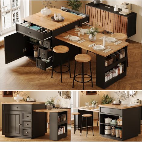 Îlot de cuisine extensible 120-184 cm avec tiroirs et roulettes, plan de travail effet bois – table à manger - table de bar - meuble roulant multifonction pour cuisine, salle à manger et bar (1/5)