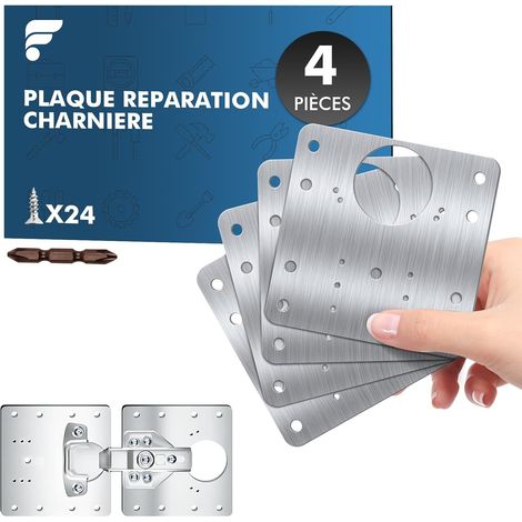 4 Plaques Réparation Charnière 9 x 9 cm, Inox avec 24 Vis (1/5)