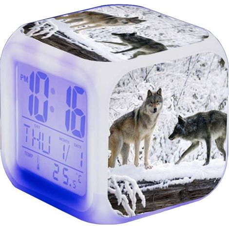 Réveil LED Wolf - Pour enfant - Réveil de chevet - Carré - Écran LCD éclairé - Motif loup (7) (1/5)