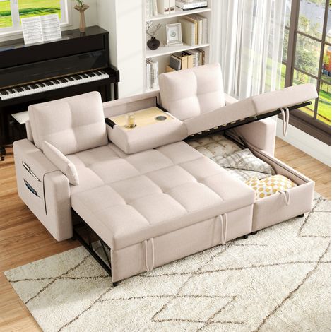 Divano angolare L modulare convertibile con contenitore, portabicchieri, beige, OKWISH (1/5)