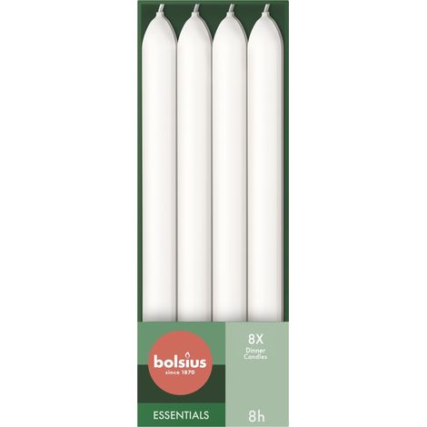 Bolsius Candele da tavola affusolate – Bianco – Confezione da 8 – 23 cm – Lunga durata di 8 ore – Inodore – Cera vegana naturale – antigoccia – senza olio di palma (1/5)