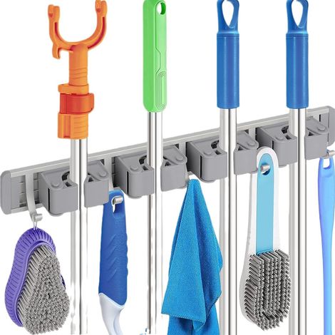 Porte Balai Mural - Support Acier Inoxydable 304 - 4 Clips + 5 Crochets - Usage Cuisine Garage Bureau Jardin - 1 Pièce (1/5)