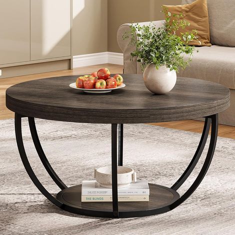 Tribesigns Round Coffee Table, 31.7" Wooden 2-Tier Circle Coffee Table with Storage Shelves, Modern Accent Cocktail Table Center Table for Living Room, Grey (1/5)