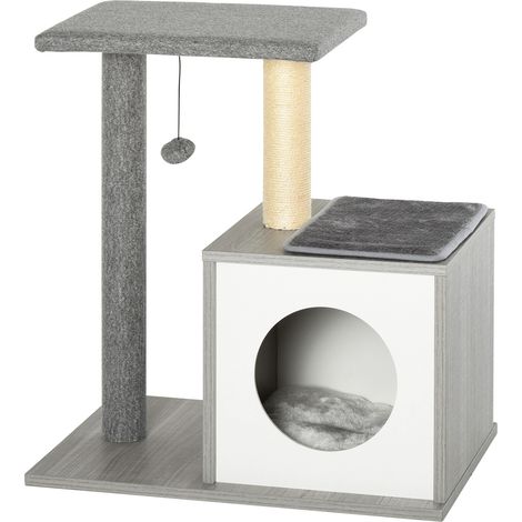 Rascador para Gatos 3 Niveles con Plataformas, Postes de Rascado, Cueva de Madera, Cojines Extraíbles, Bola de Juguete Gris 59x39x62 cm (1/5)